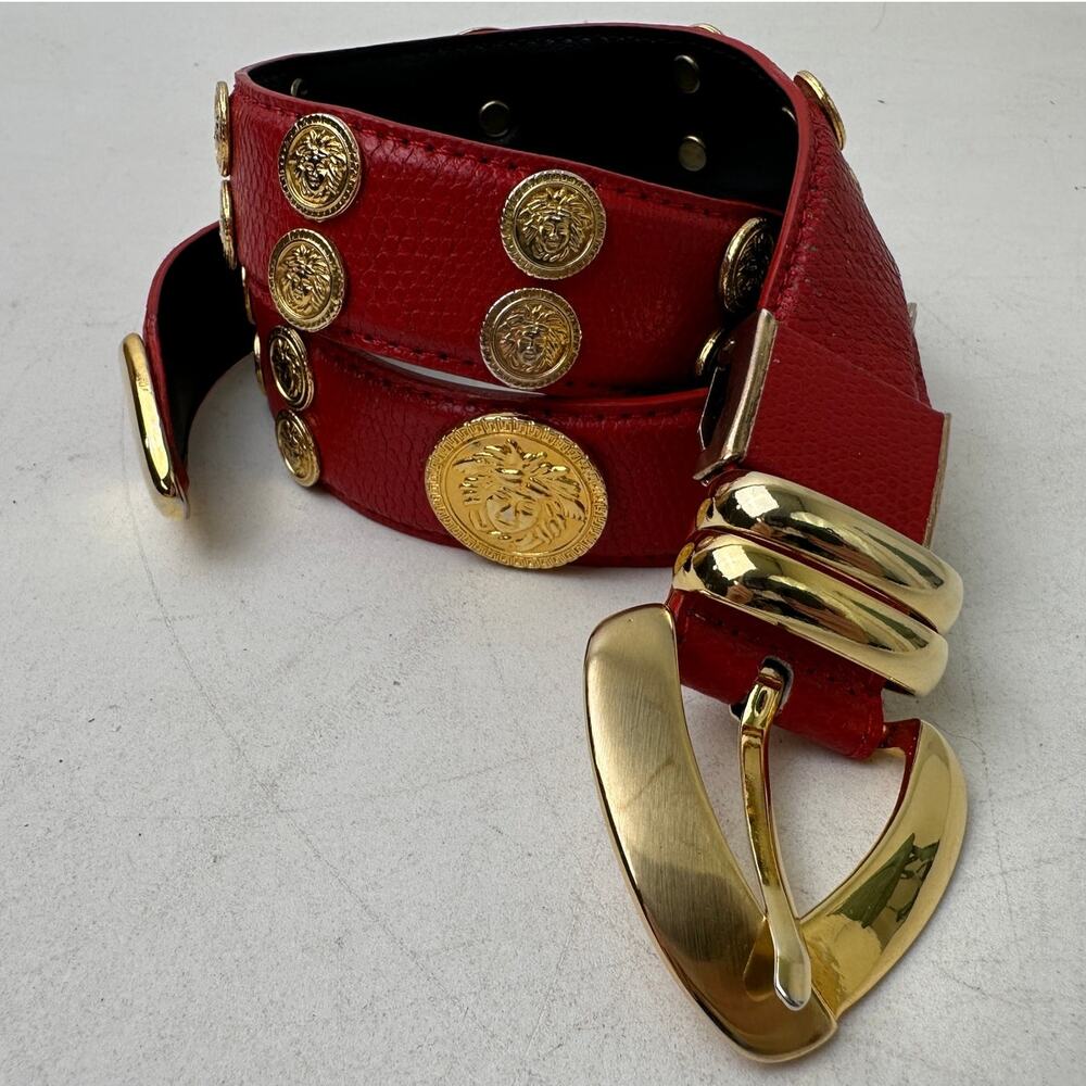 Vintage Red Leather Belt W/ Gold Medusa Medallions Sz S